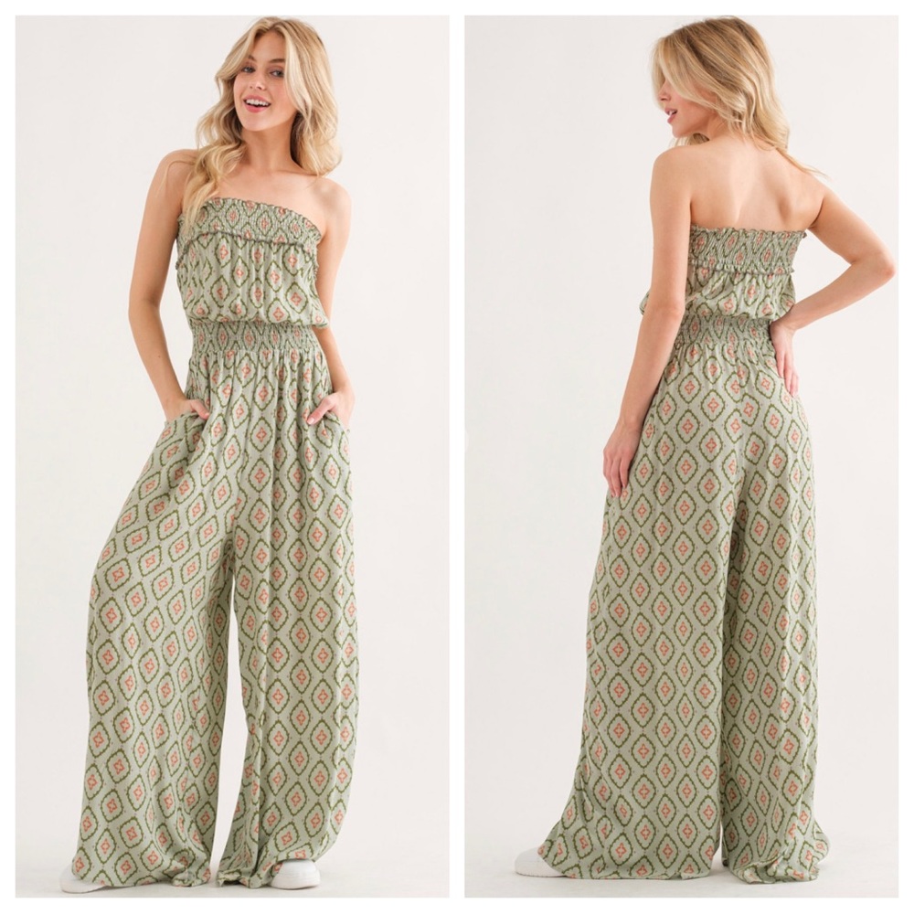05 Boho Print Wide Pants Tube Jumpsuit
